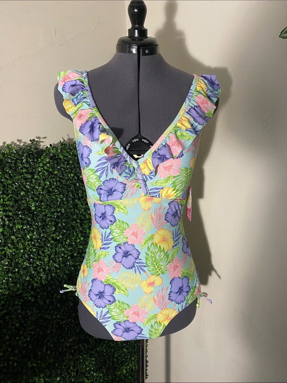 Woman’s Pastel Tropical Floral One-Piece Swimsuit with Ruffle Straps